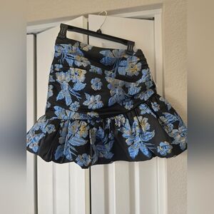 ASOS LUXE, Puff Hem Ruched Mini Skirt, Floral Jacquard, Black/Blue/Gold, Size 4